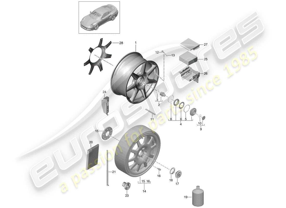 porsche 2019 (991-2 turbo) jante en alliage schéma des pièces