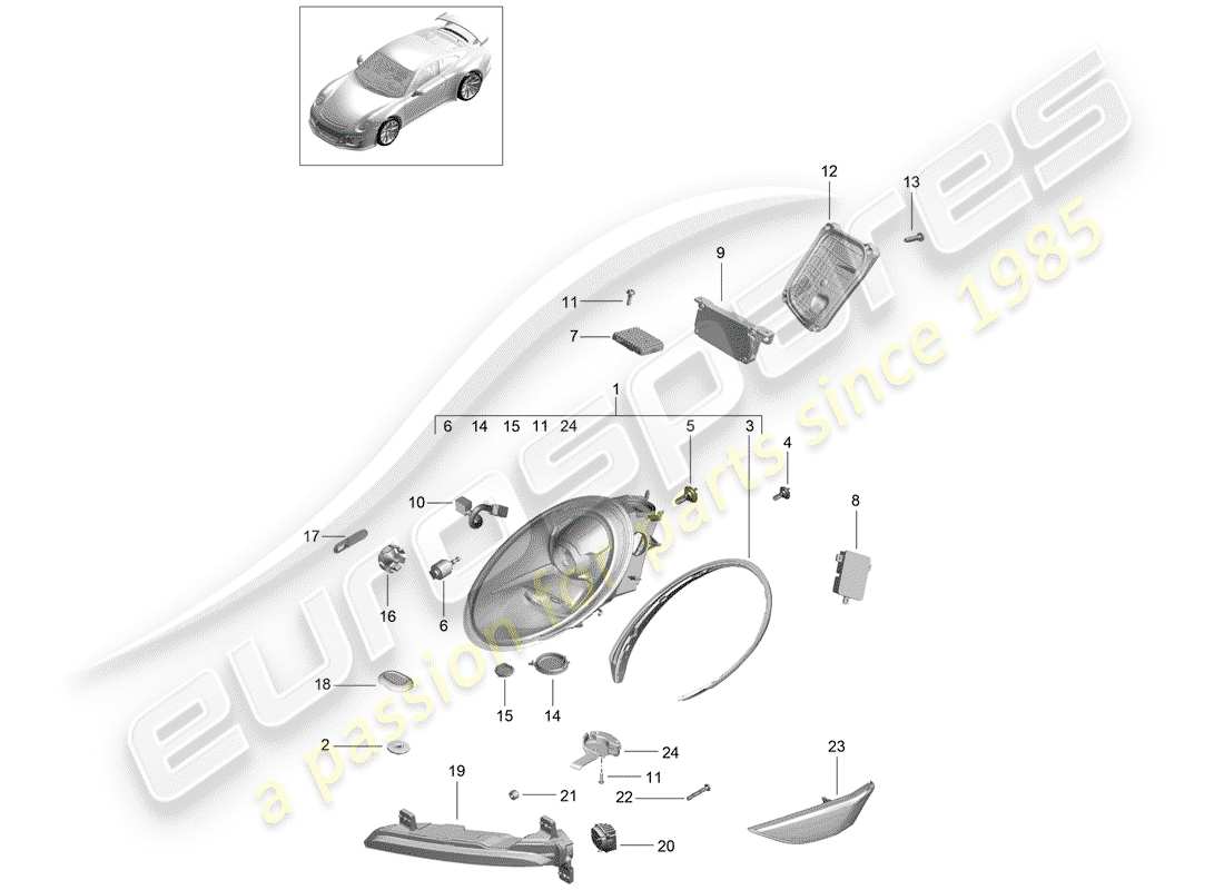porsche 2018 (991-2 r/gt3/rs) schéma des pièces des phares