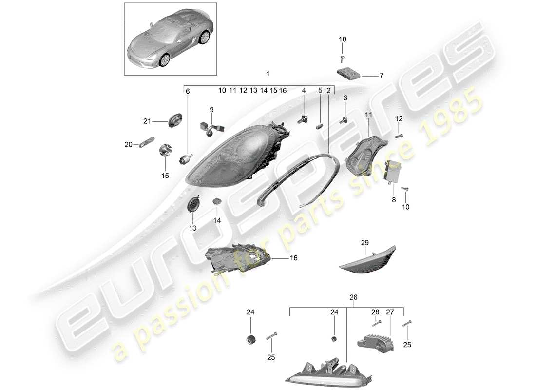 porsche 2016 (981 boxster spyder) schéma des pièces des phares