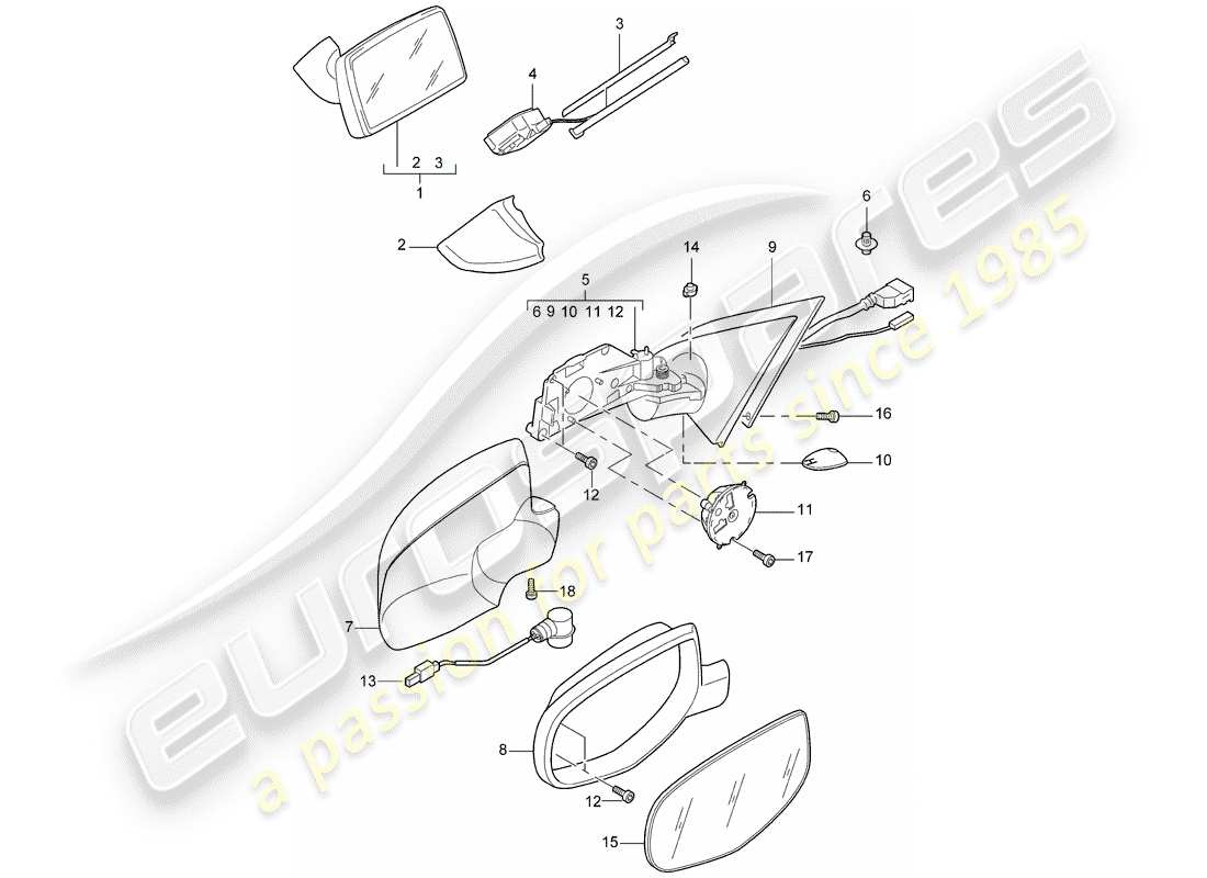 porsche 2010 (cayenne e1 9pa) schéma des pièces du rétroviseur intérieur