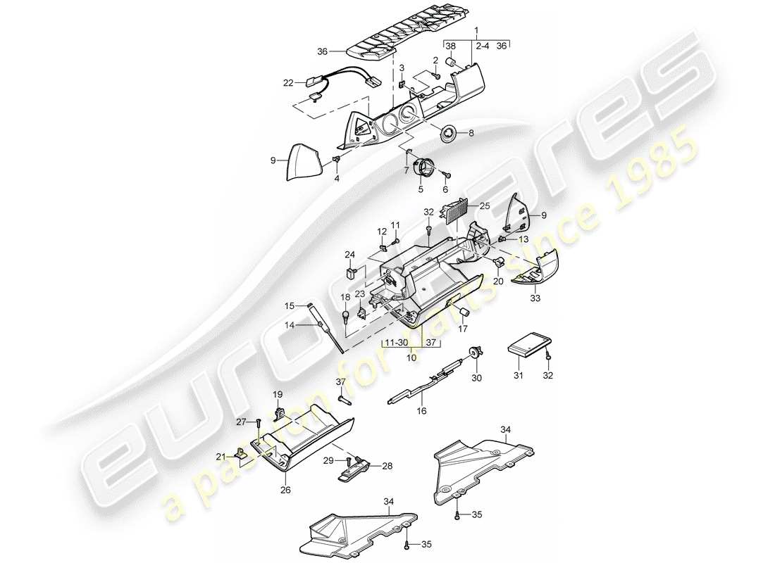 porsche 2008 (997-1 gt3) boîte à gants schéma des pièces