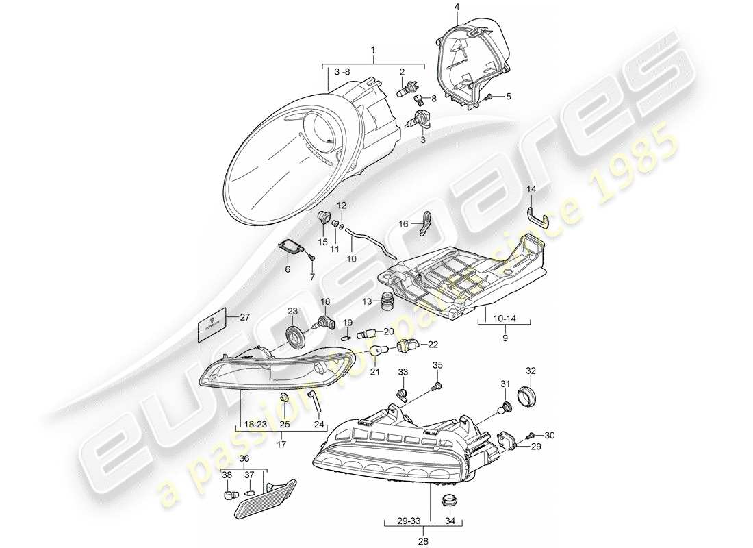 porsche 2008 (997-1 gt3) schéma des pièces des phares