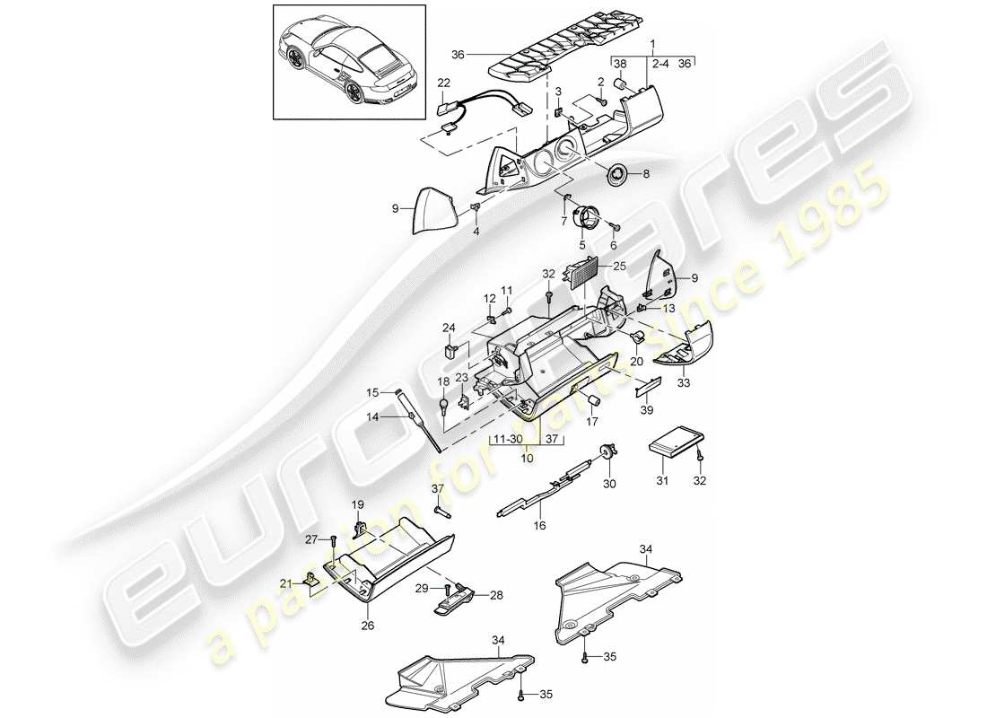 porsche 2013 (997-2 turbo / gt2 rs) boite à gants schéma des pièces