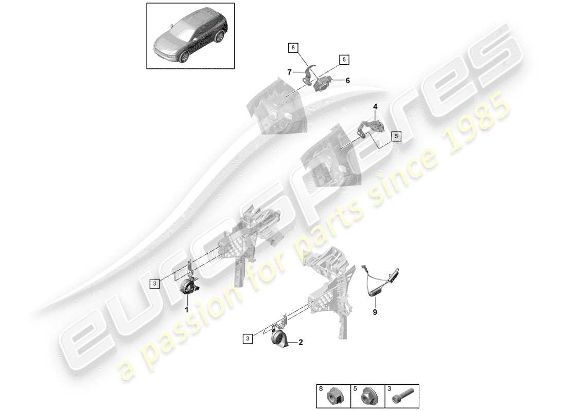 porsche 2019 (cayenne e3 9ya/9yb) diagramme des pièces du klaxon de fanfare
