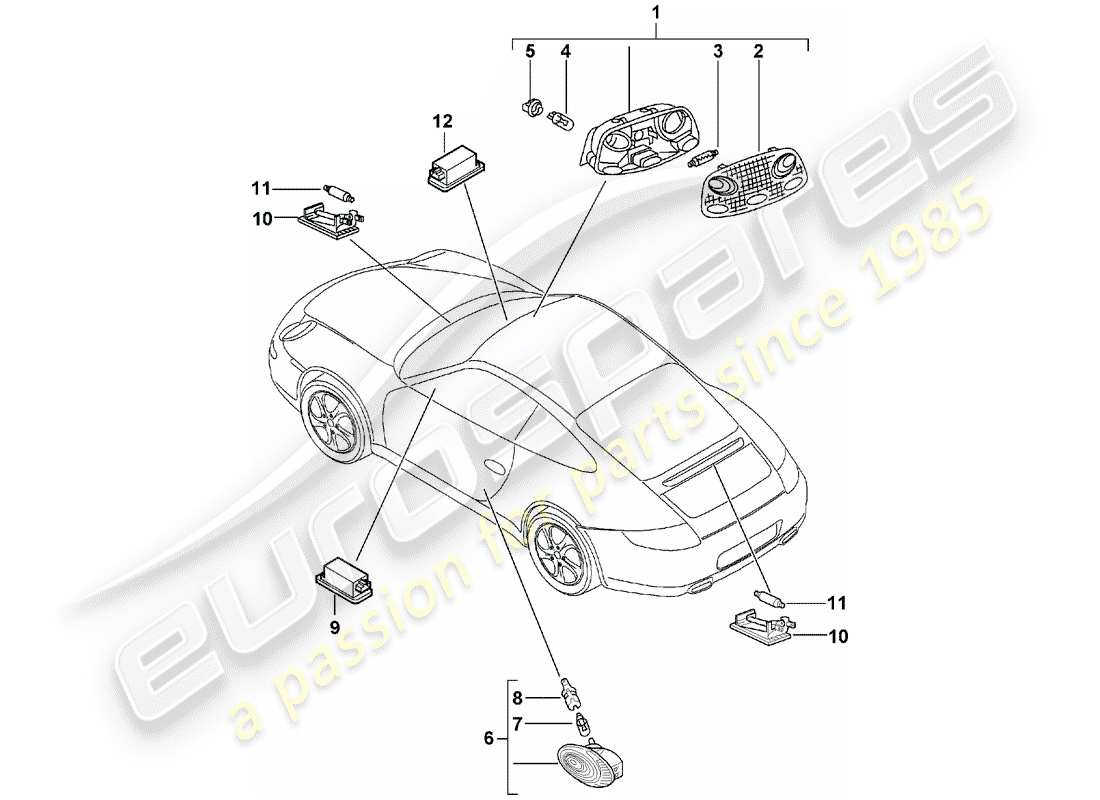 porsche 2005 (997-1) éclairage intérieur schéma des pièces