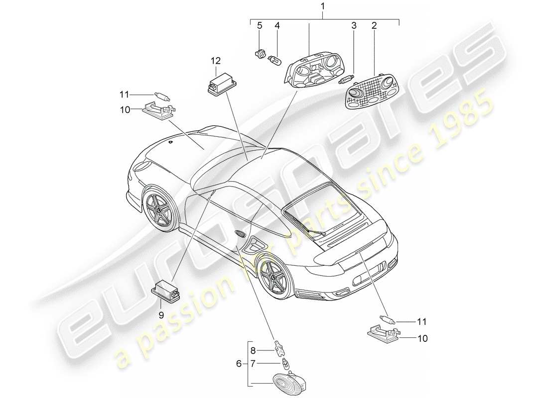 porsche 2013 (997-2 turbo / gt2 rs) lumières intérieures schéma des pièces