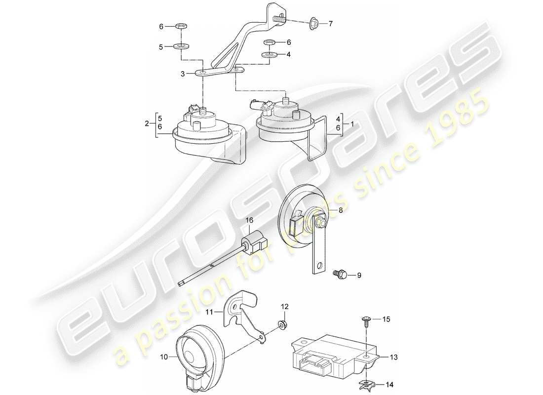 porsche 2007 (997-1 turbo / gt2) diagramme des pièces du klaxon de fanfare