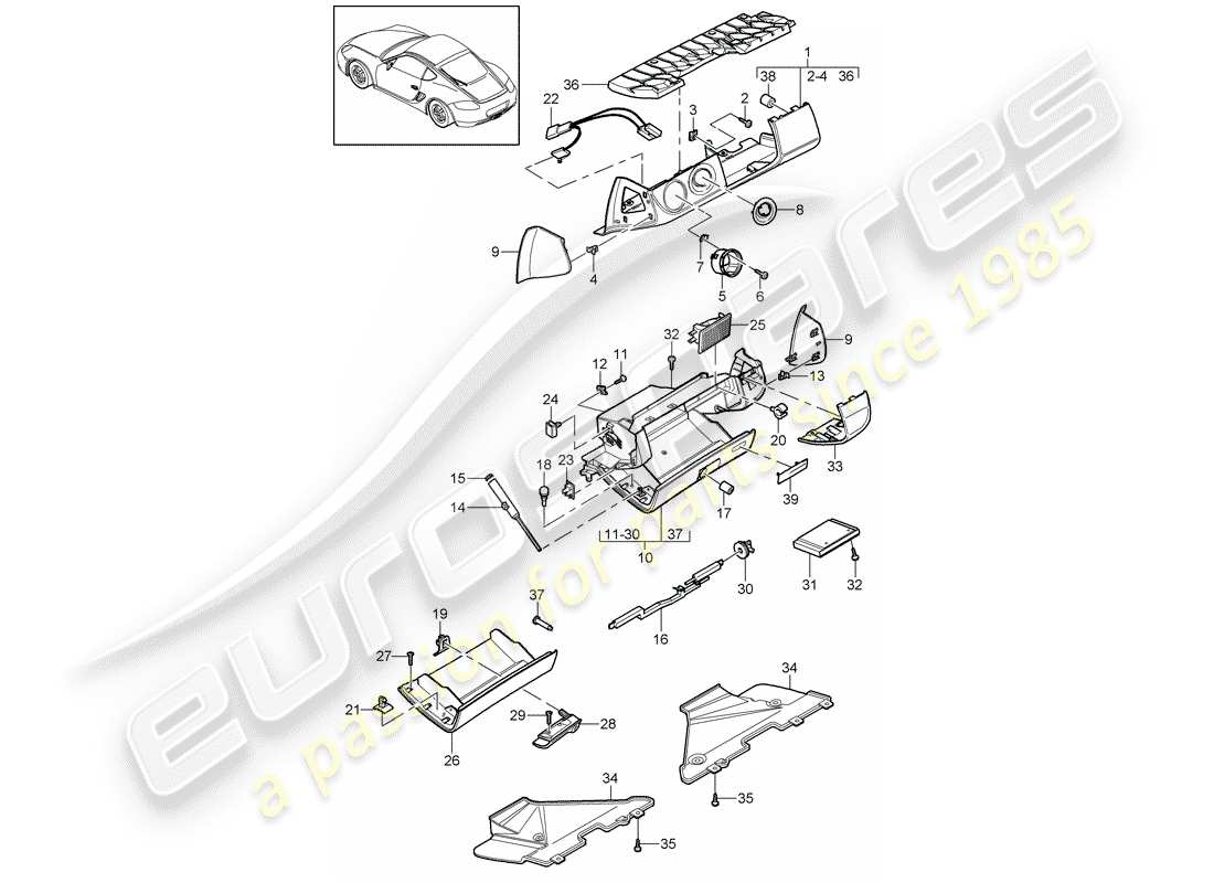 porsche 2012 (987 cayman) boite à gants schéma des pièces