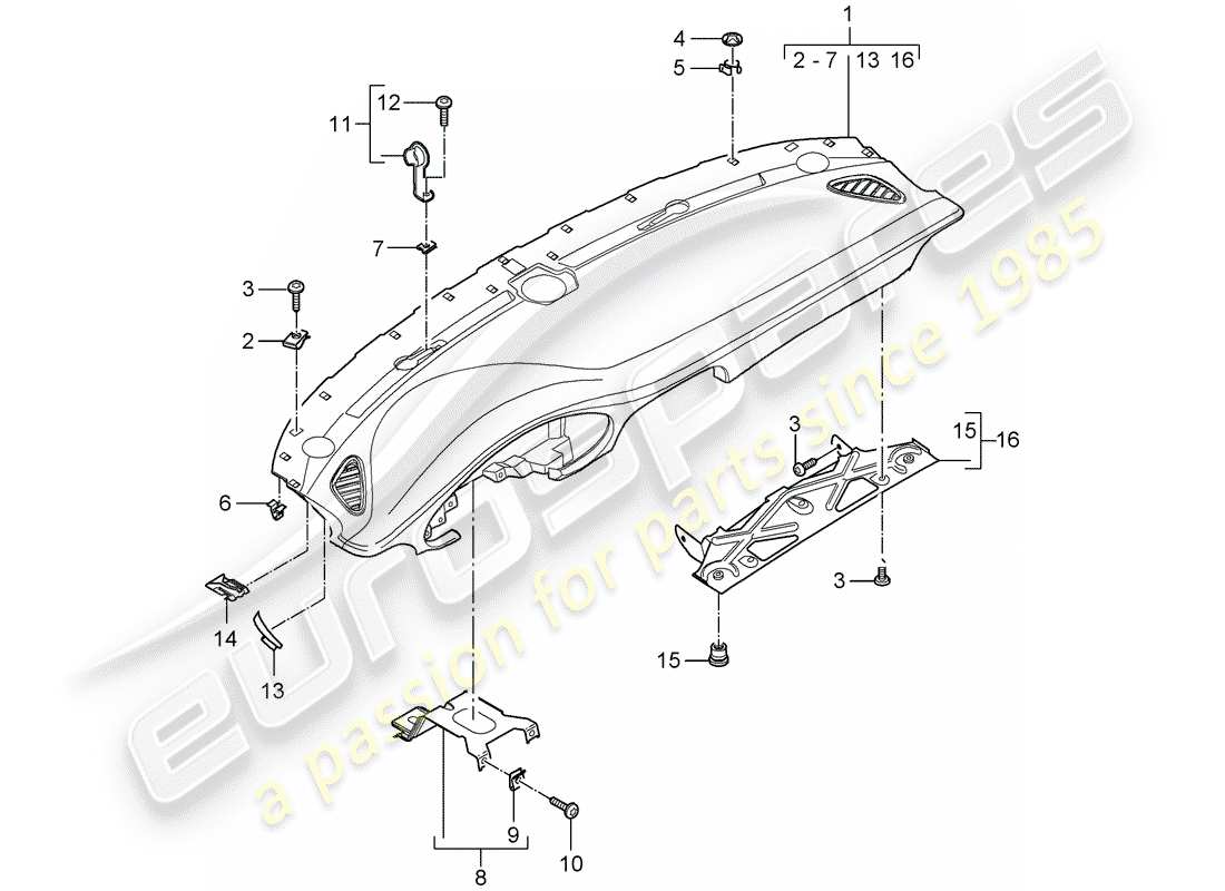 porsche 2008 (997-1 gt3) garniture de panneau de tableau de bord schéma des pièces