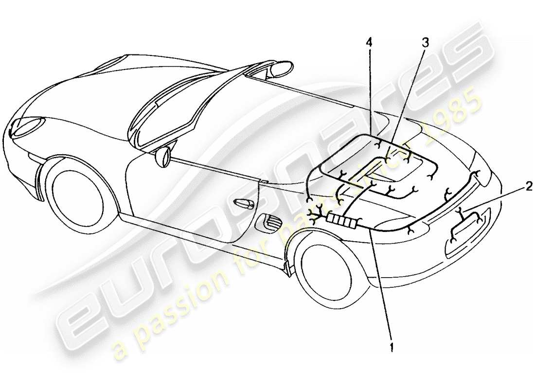 porsche 1999 (986 boxster) faisceau de cablage - extrémité arrière - éclairage de plaque d'immatriculation - feu stop supplémentaire - moteur - kit de réparation - système de frein antiblocage. -abs- - indicateur d'usure de plaquettes de frein - essieu arrière schéma des pièces