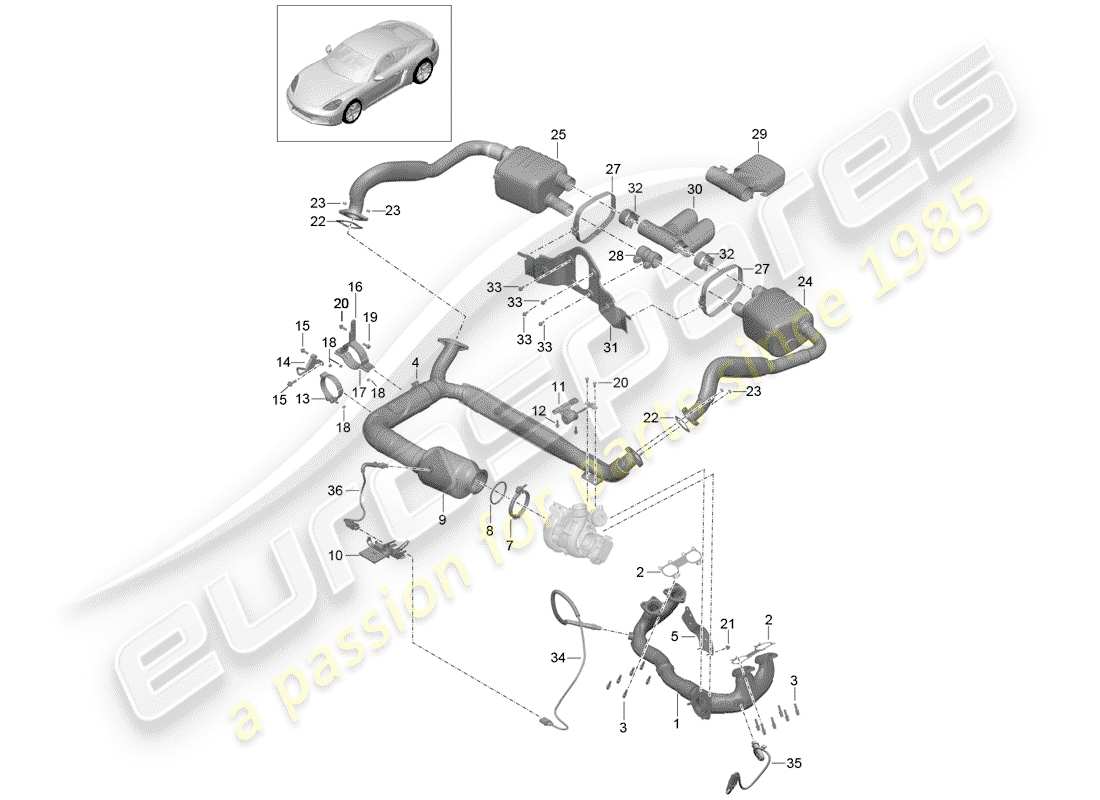 porsche 2018 (718 cayman) système d'échappement schéma des pièces
