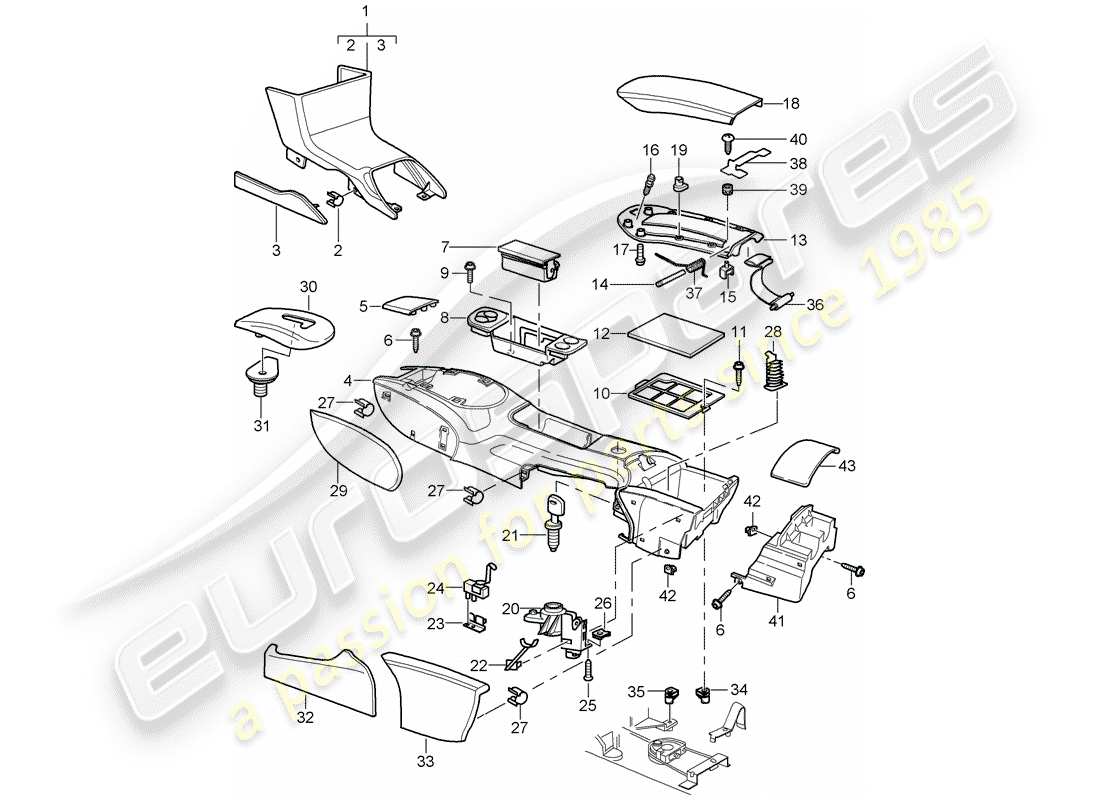 porsche 2003 (996 turbo / gt2) console centrale schéma des pièces