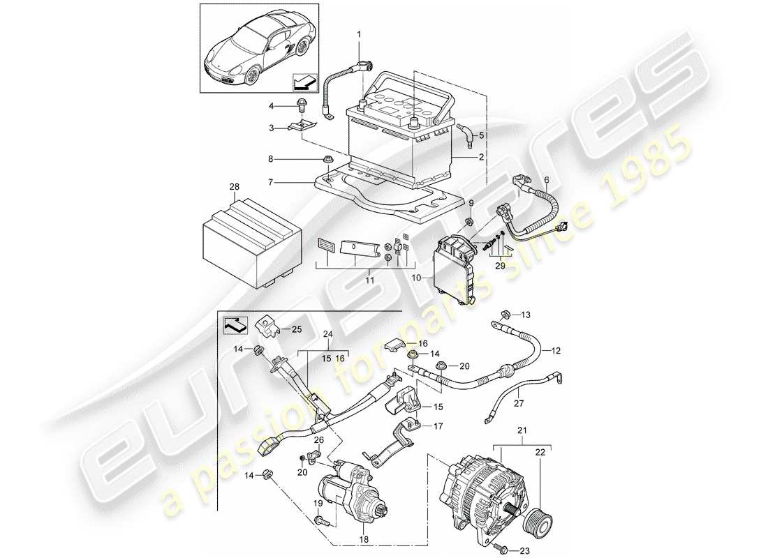 porsche 2012 (987 cayman) batterie schéma des pièces