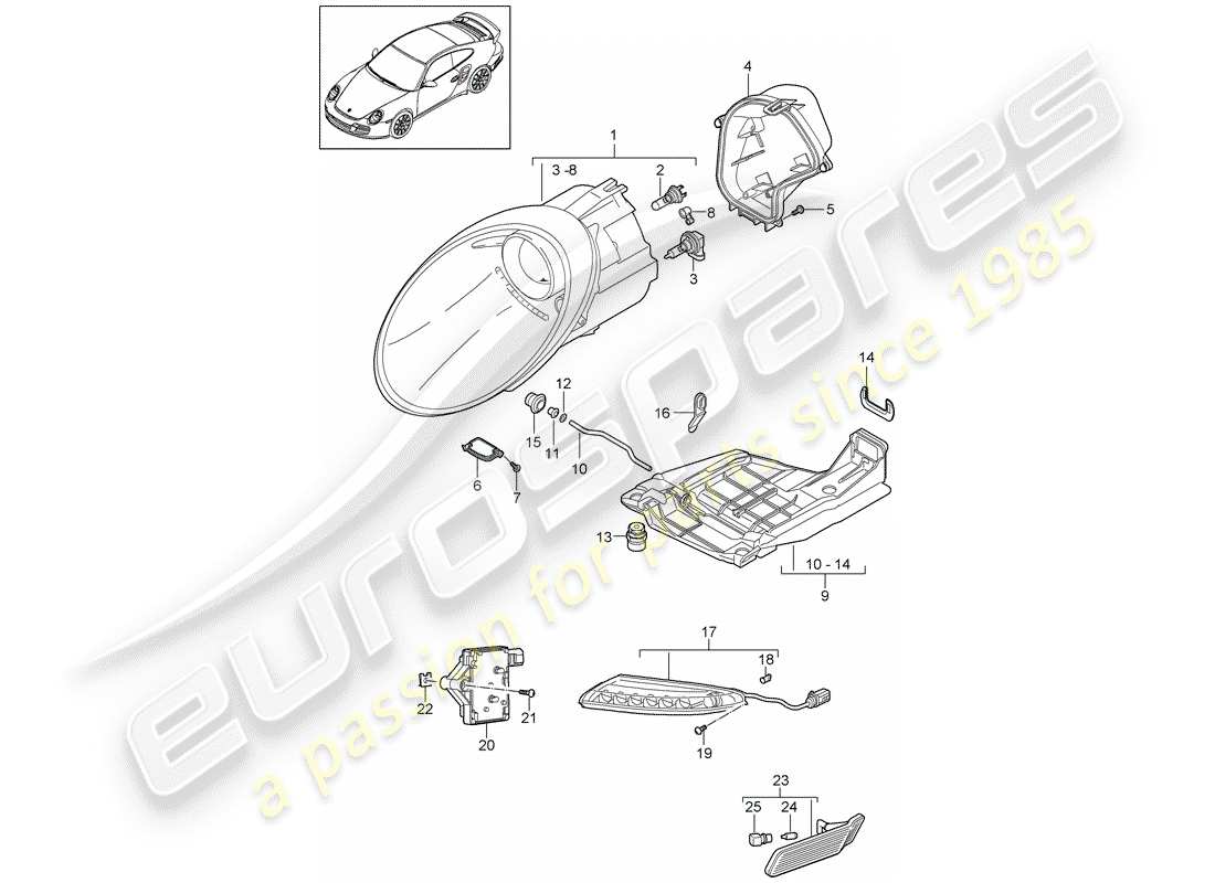 porsche 2012 (997-2 turbo / gt2 rs) schéma des pièces des phares