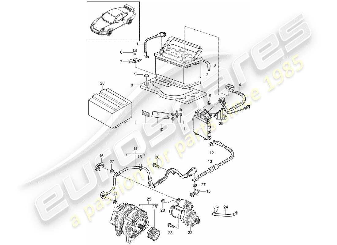 porsche 2012 (997-2 turbo / gt2 rs) batterie schéma des pièces