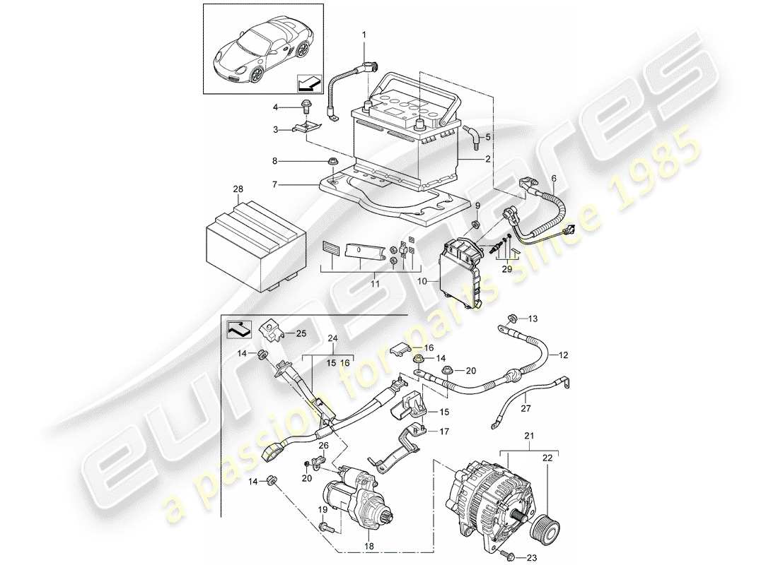porsche 2009 (987 boxster) batterie schéma des pièces