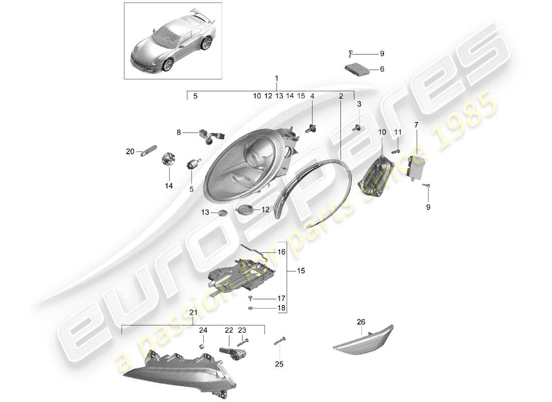 porsche 2018 (991-2 r/gt3/rs) schéma des pièces des phares