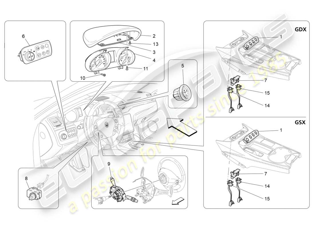 maserati granturismo s (2019) dispositifs de tableau de bord schéma des pièces