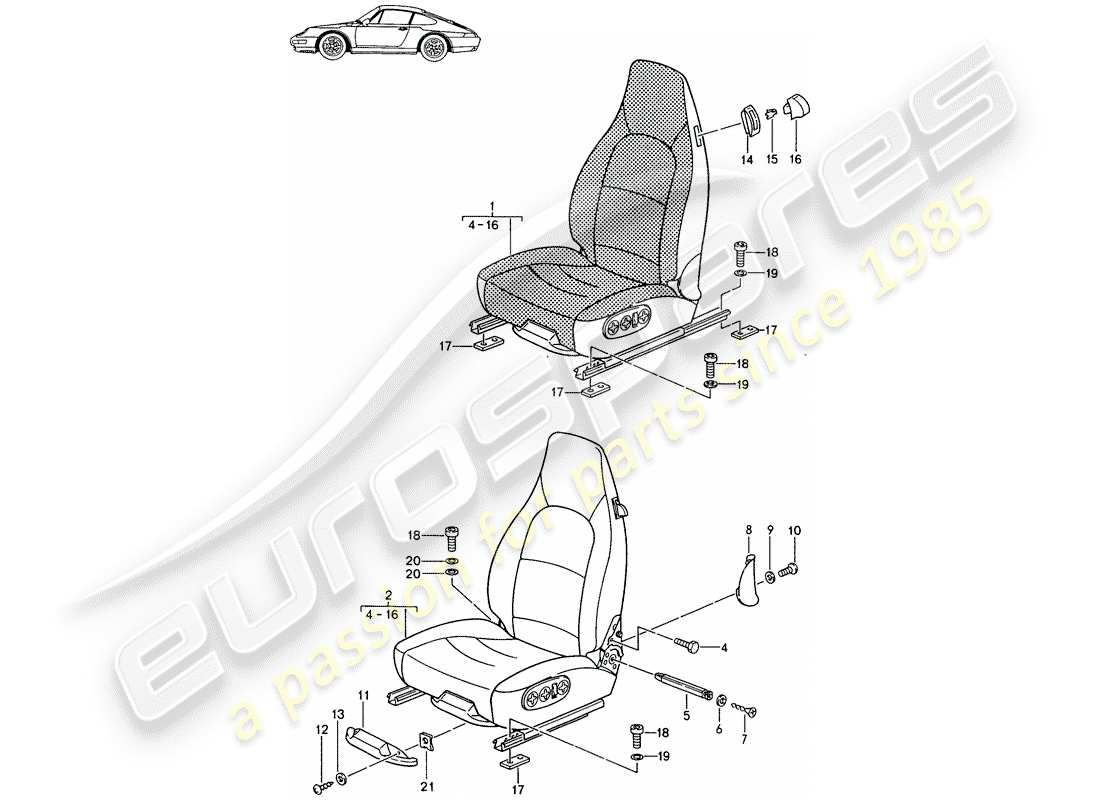 un schéma de pièces du catalogue de pièces porsche 1997 (seats for 944/968/911/928)