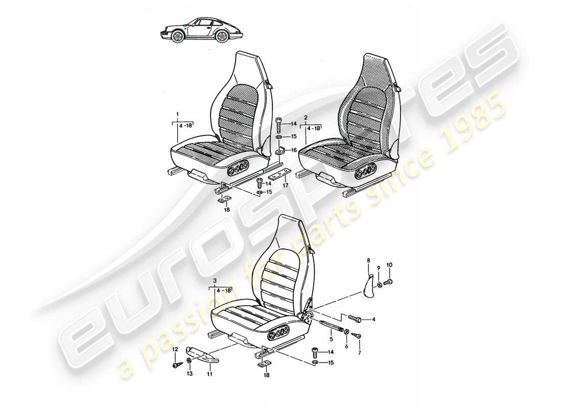 un schéma de pièces du catalogue de pièces porsche 1991 (seats for 944/968/911/928)