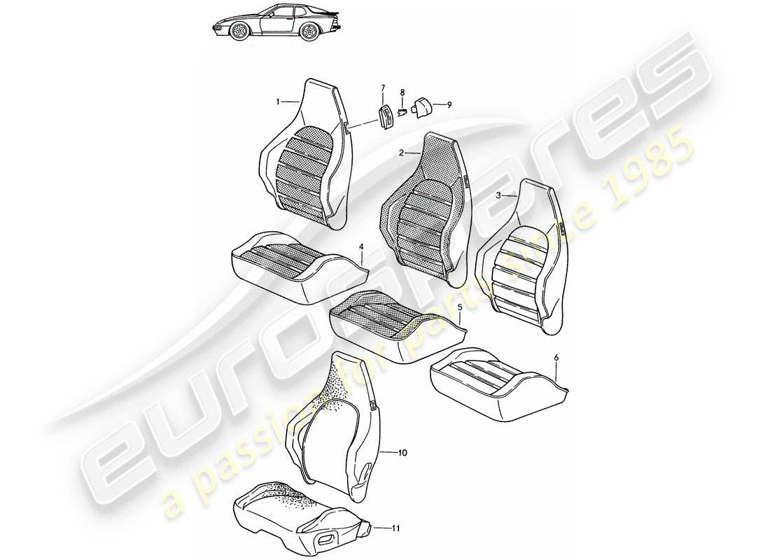 un schéma de pièces du catalogue de pièces porsche 1989 (seats for 944/968/911/928)
