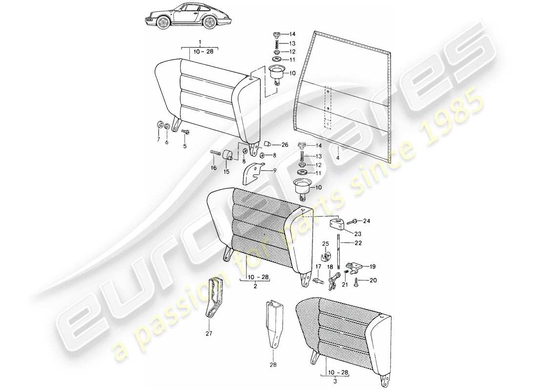 un schéma de pièces du catalogue de pièces porsche 1987 (seats for 944/968/911/928)