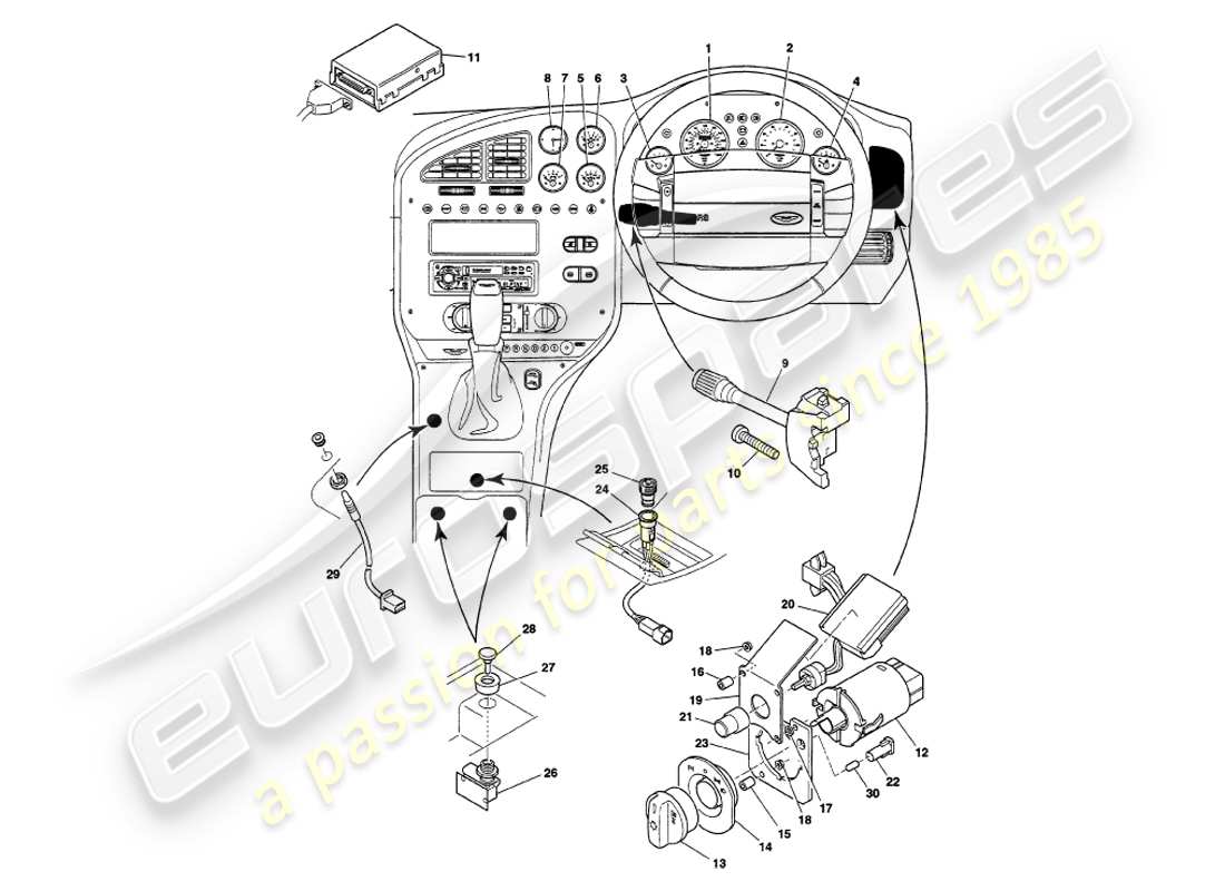 aston martin v8 volante (1997) schéma des pièces des instruments et commandes