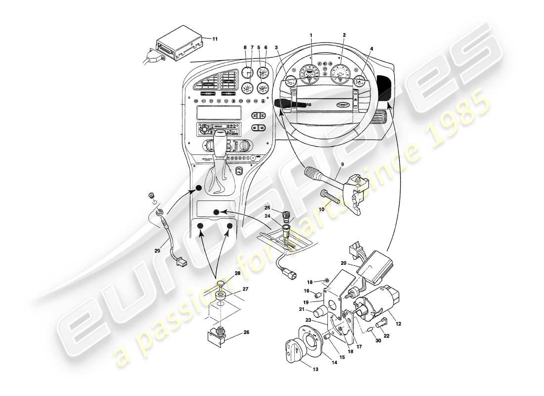 aston martin v8 volante (1998) schéma des pièces des instruments et commandes