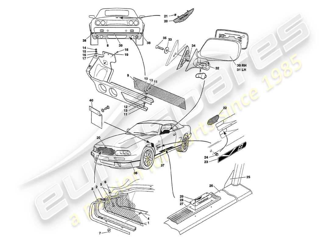 aston martin v8 volante (1998) schéma des pièces des raccords de carrosserie