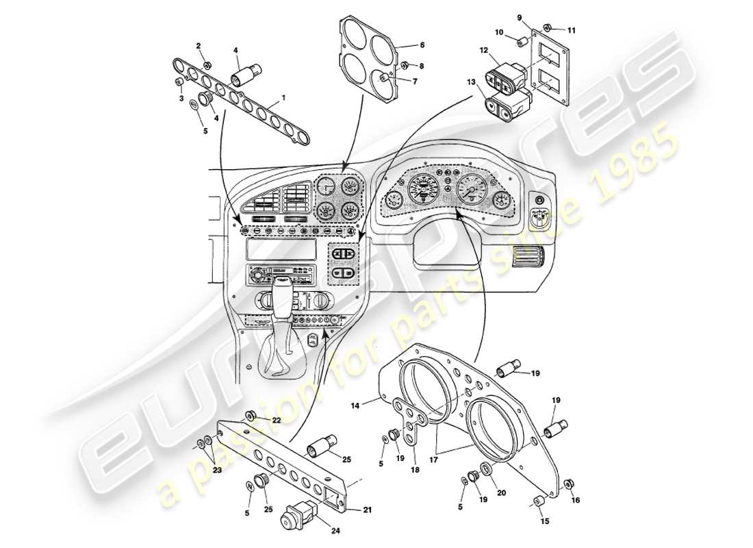 aston martin v8 volante (1997) schéma des pièces des instruments et commandes