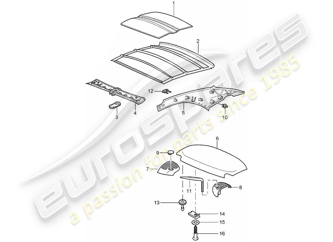 porsche 2000 (996) hardtop - absorpteur de bruit schéma des pièces