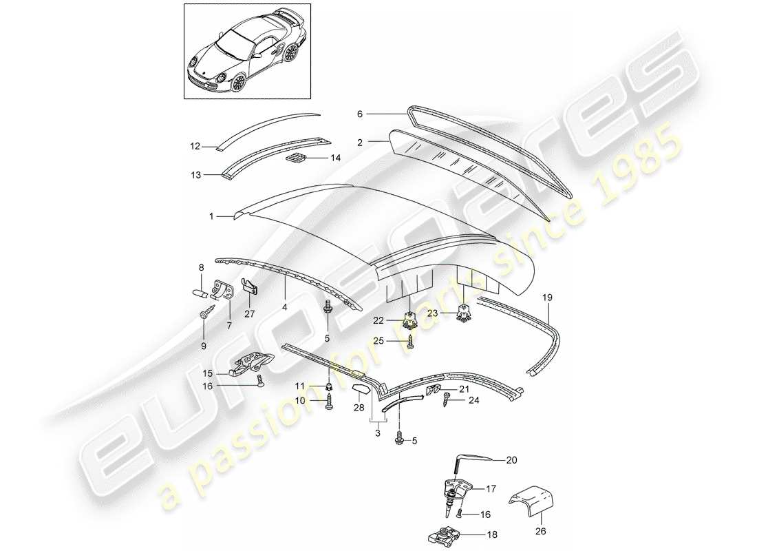 porsche 2009 997-2 turbo / gt2 diagramme des pièces du hardtop