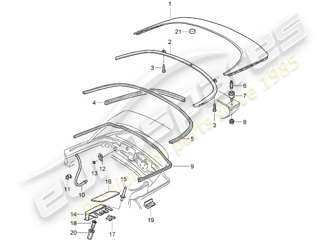 porsche 2003 (986 boxster) coffre de rangement supérieur - couvercle - joints schéma des pièces