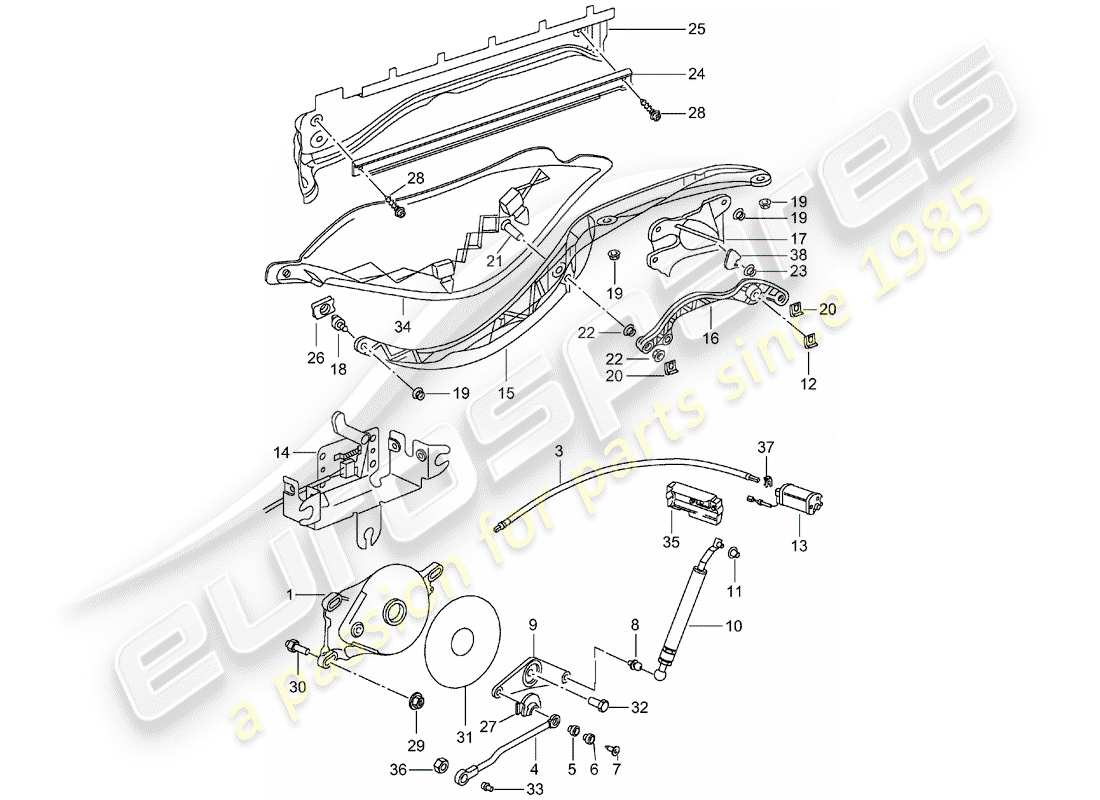 porsche 2003 (986 boxster) cadre supérieur - unité d'entraînement - coffre de rangement supérieur - couvercle schéma des pièces