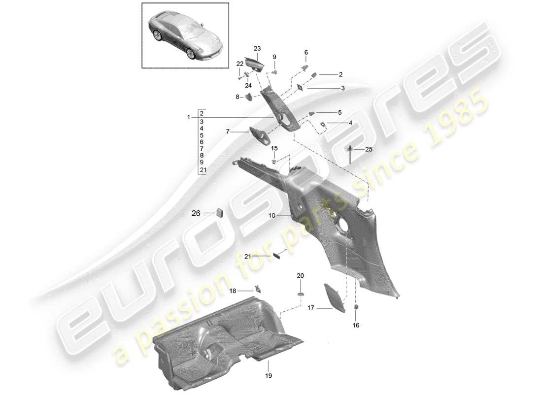 porsche 2019 (991-2) panneau de garniture de quartier schéma des pièces