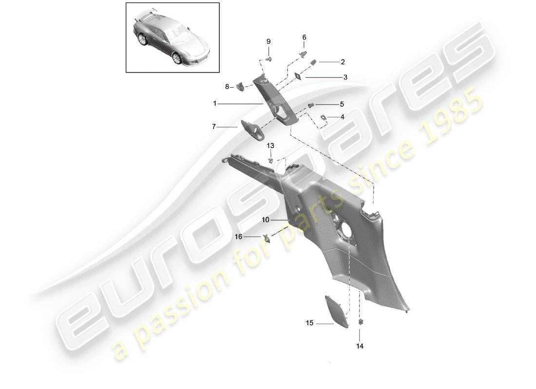 porsche 2014 (991-1 r/gt3/rs) panneau de garniture de custode schéma des pièces
