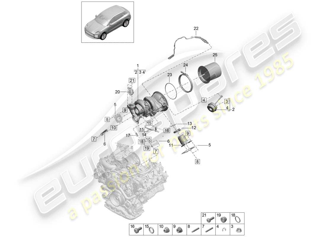 porsche 2019 (macan) turbocompresseur de gaz d'échappement schéma des pièces
