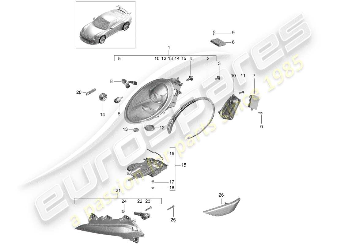 porsche 2015 (991-1 r/gt3/rs) schéma des pièces des phares