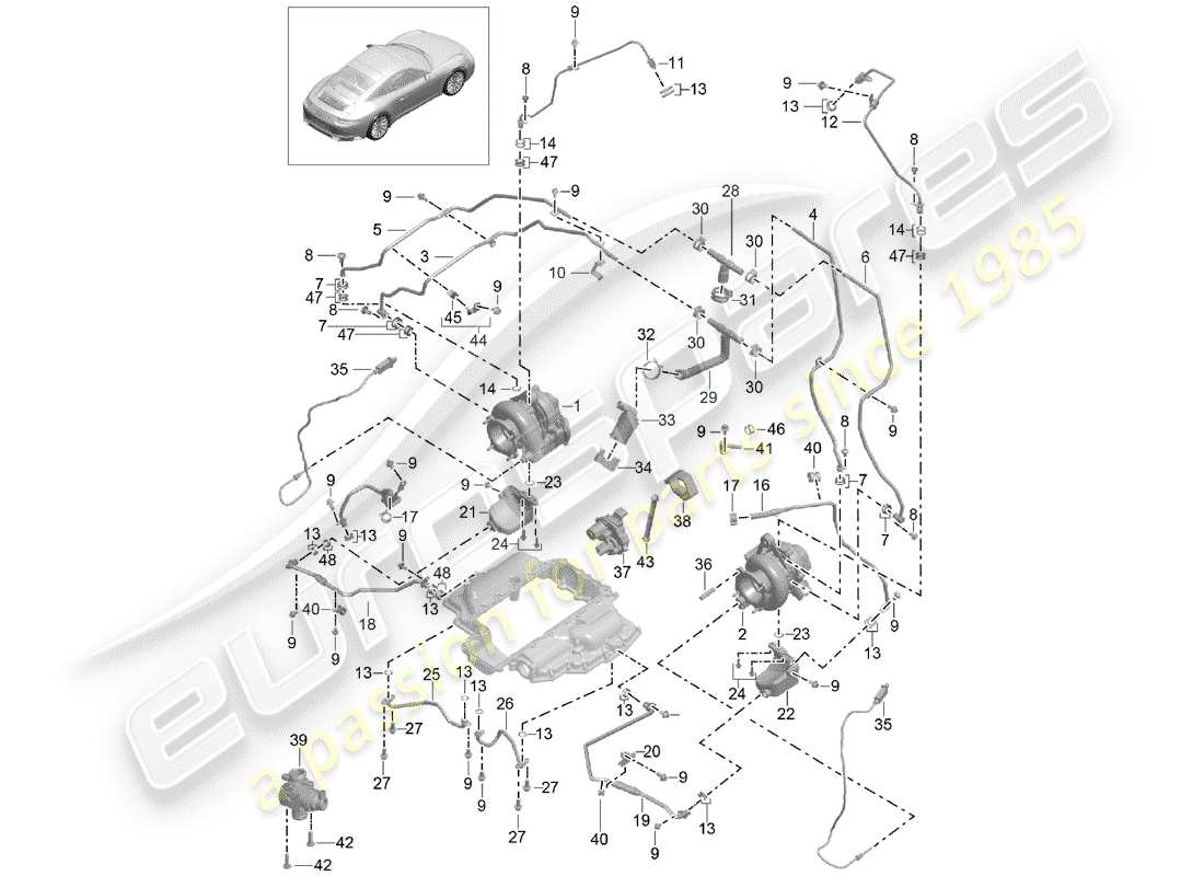 porsche 2019 (991-2 turbo) turbocompresseur de gaz d'échappement schéma des pièces