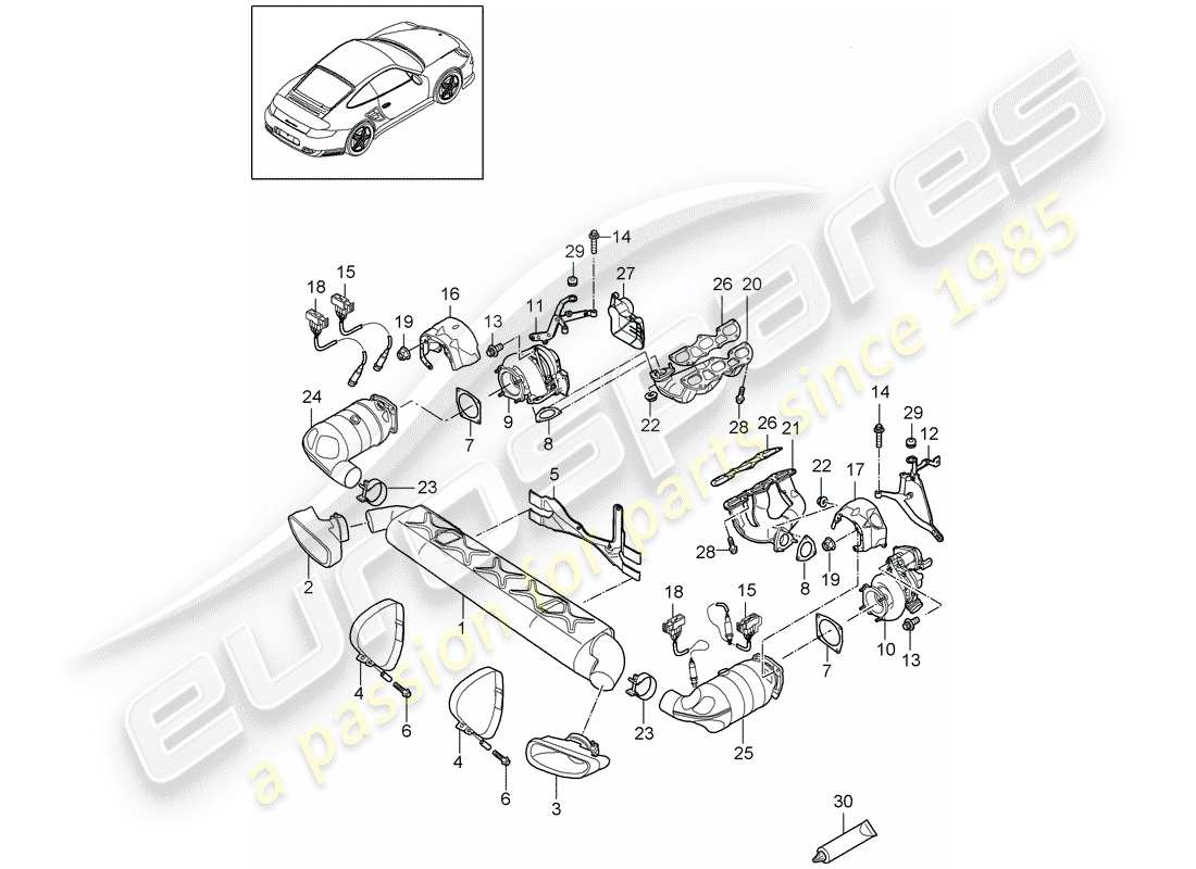 porsche 2011 (997-2 turbo / gt2 rs) système d'échappement schéma des pièces