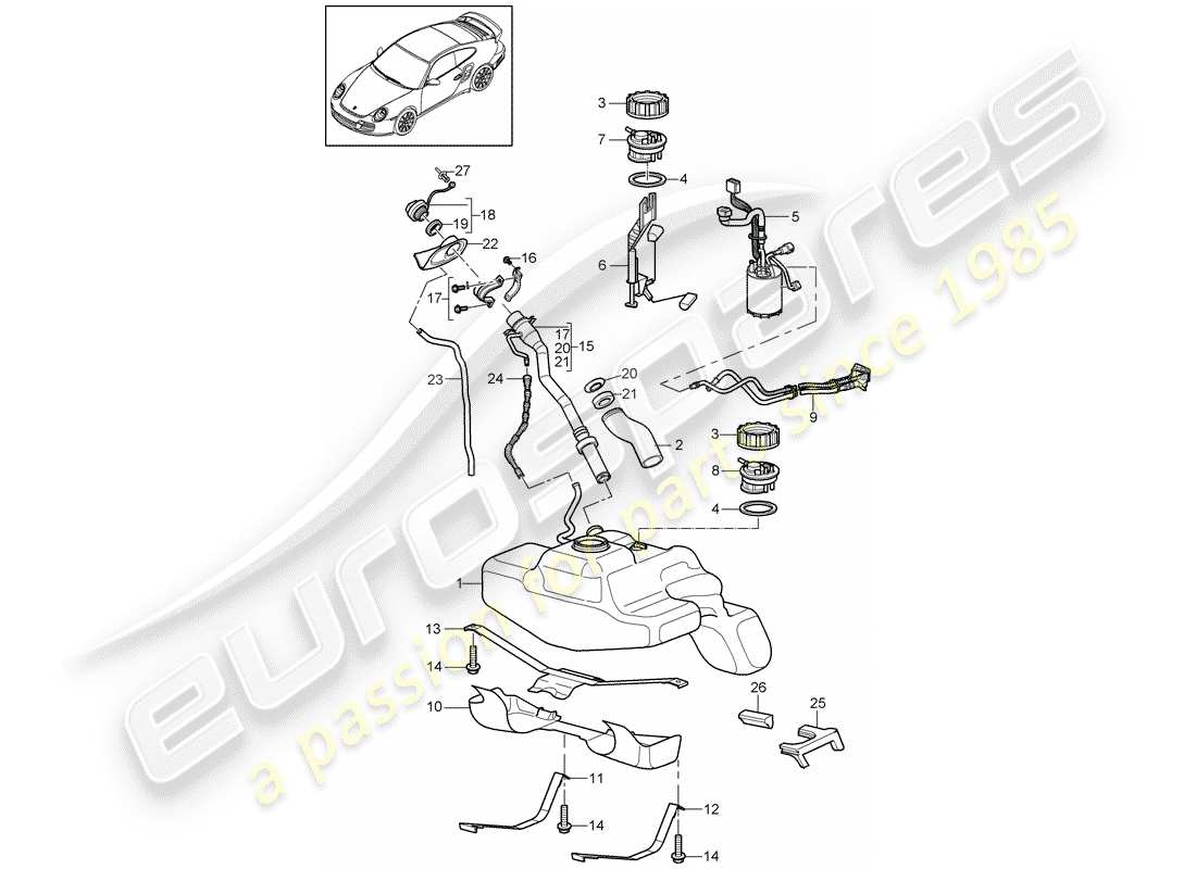 porsche 2012 (997-2 turbo / gt2 rs) réservoir de carburant schéma des pièces