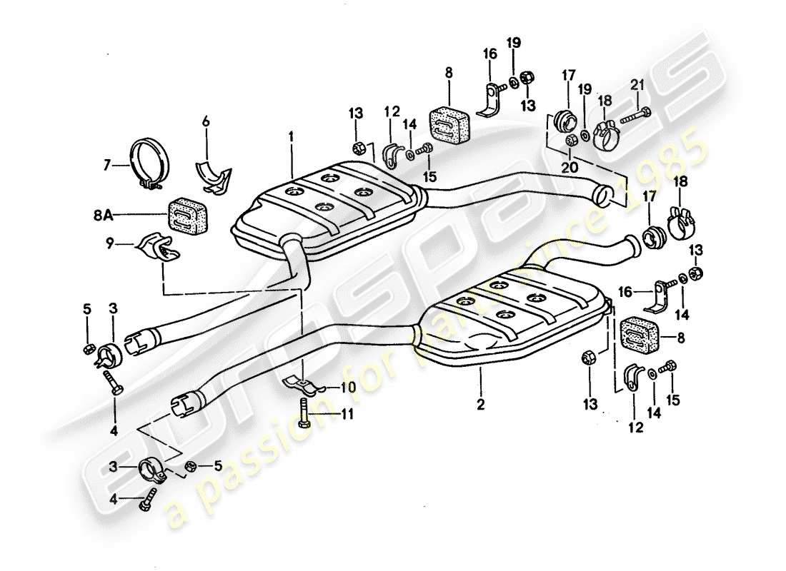 porsche 1992 (928) système d'échappement - silencieux intermédiaire schéma des pièces
