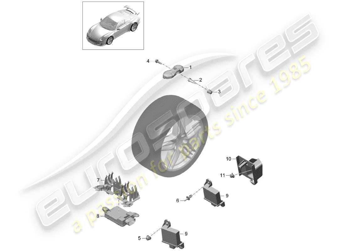 porsche 2015 (991-1 r/gt3/rs) système de contrôle de pression des pneus schéma des pièces