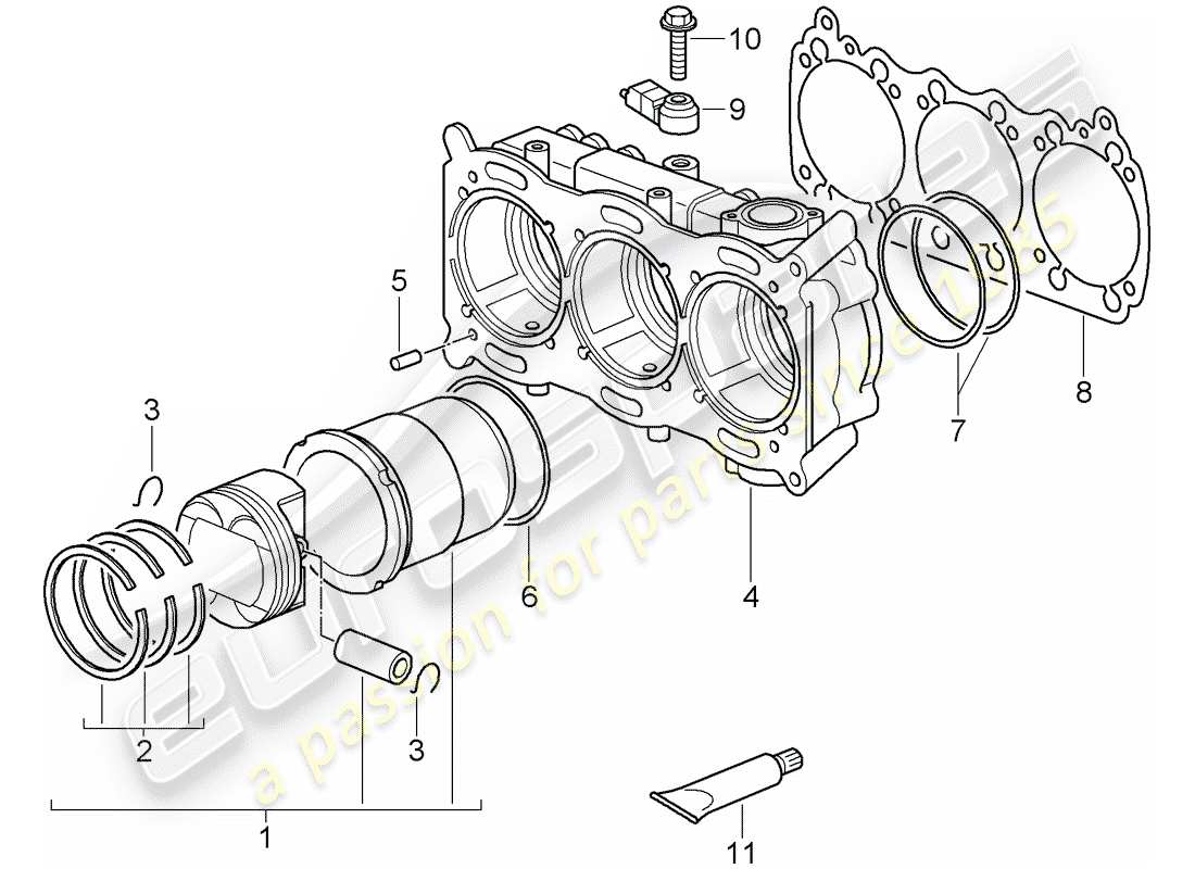 porsche 2011 (997-2 gt3) cylindre à pistons schéma des pièces