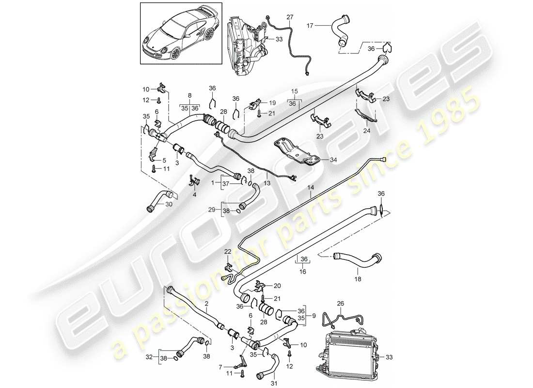 porsche 2011 (997-2 turbo / gt2 rs) refroidissement par eau 2 schéma des pièces