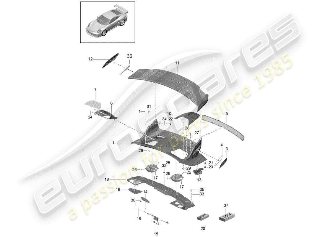 porsche 2016 (991-1 r/gt3/rs) couvercle de coffre arrière schéma des pièces
