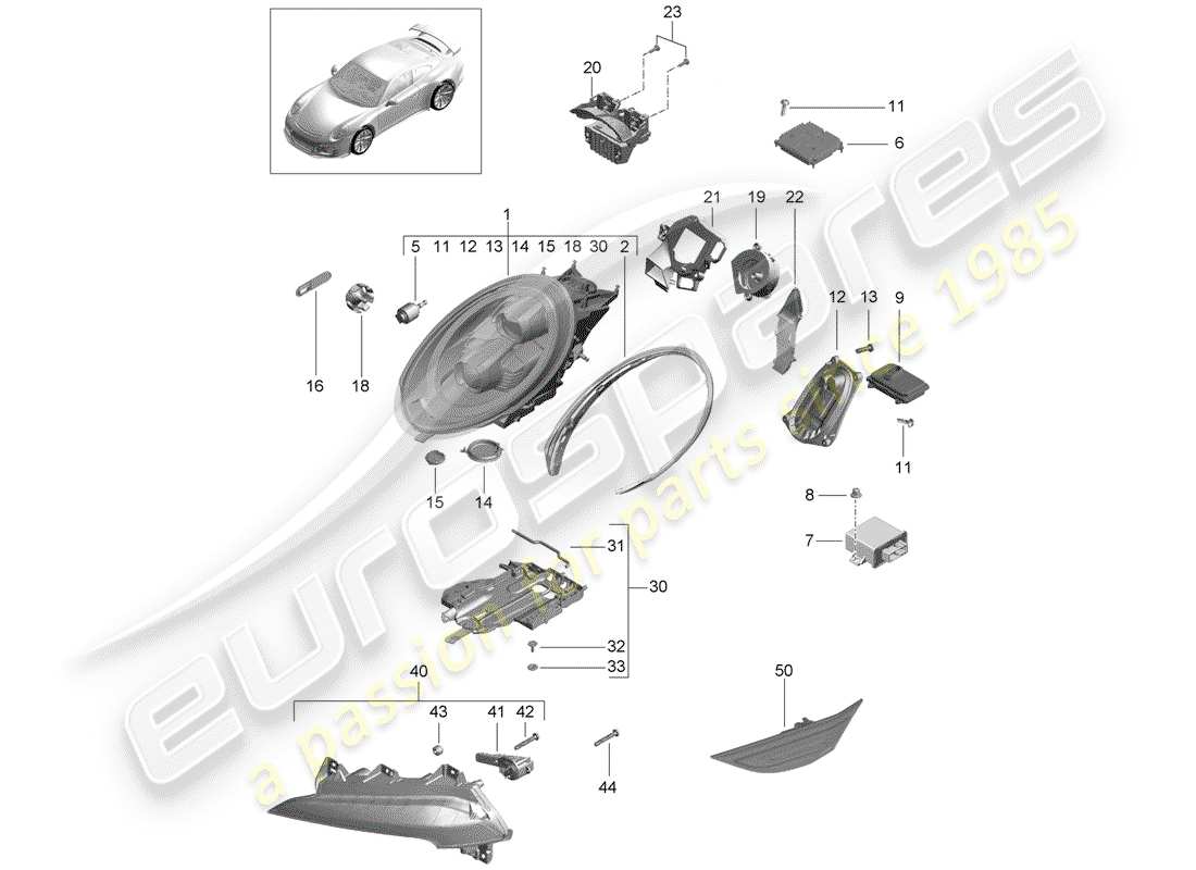 porsche 2016 (991-1 r/gt3/rs) phare à led schéma des pièces