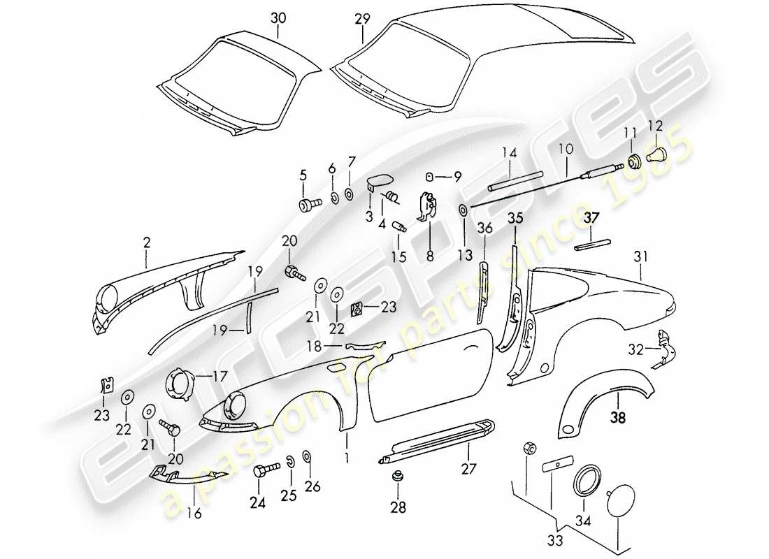 porsche 1972 (911) panneaux exterieurs schéma des pièces