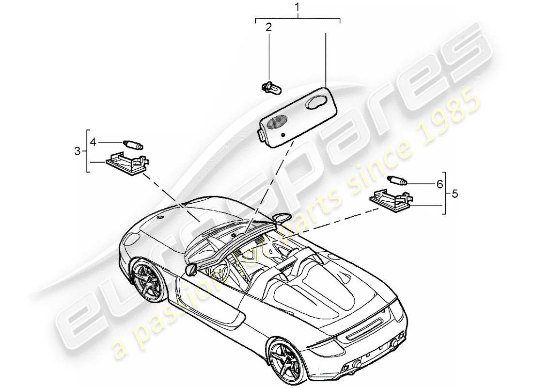 porsche 2004 (carrera gt) éclairage intérieur - lampe de coffre à bagages - boite à gants schéma des pièces