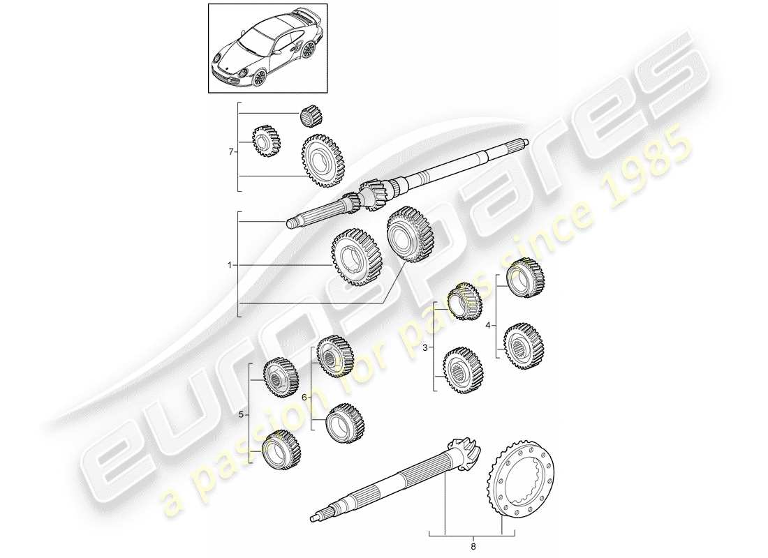 porsche 2013 (997-2 turbo / gt2 rs) ensembles de roues dentées schéma des pièces